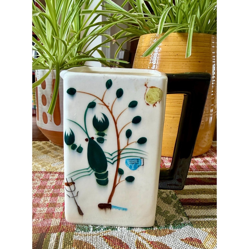 Vintage Mid-Century Ceramic Lobster Pitcher, Hand-Painted Seafood Barware